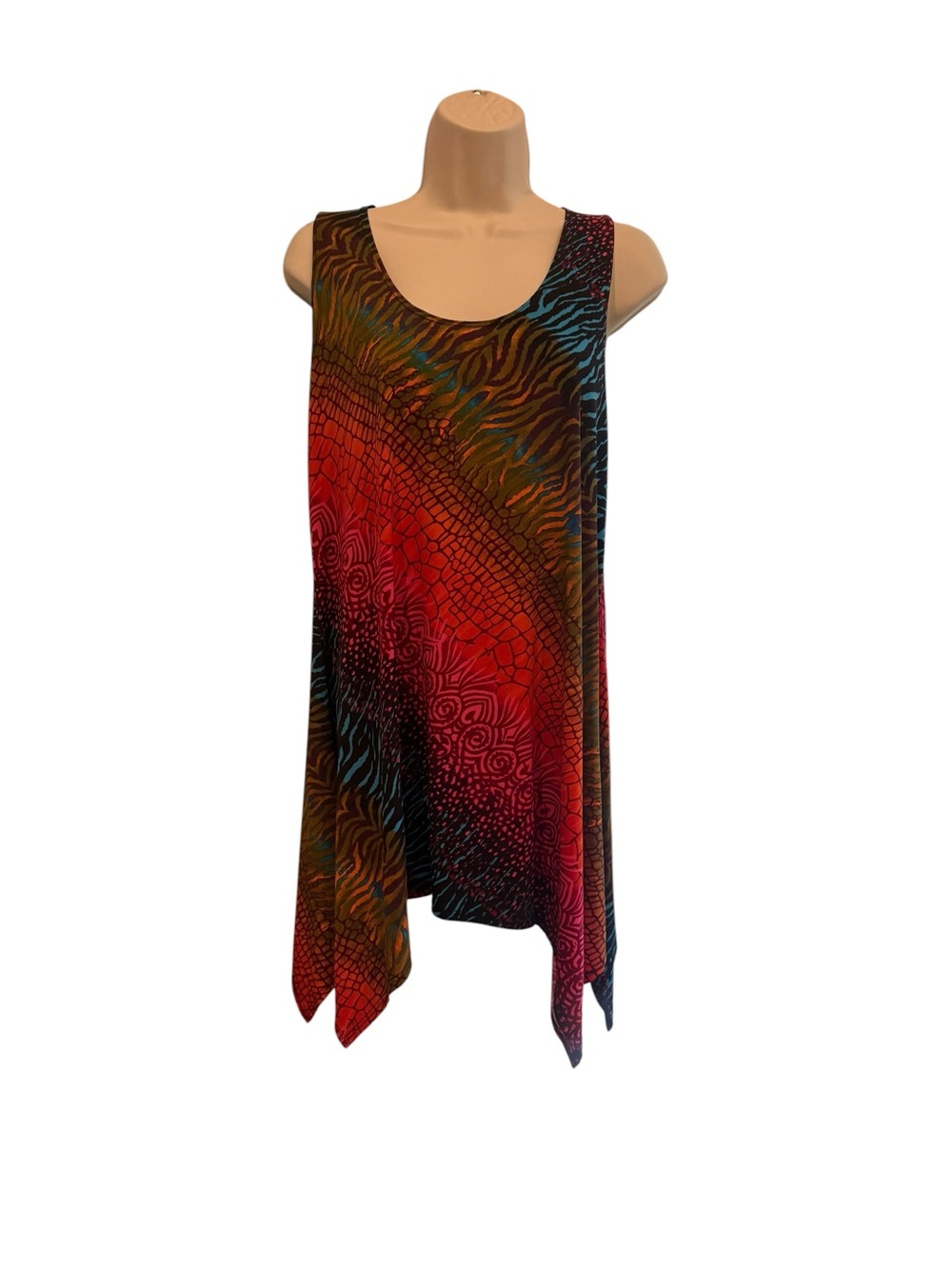 Sleeveless Multicolor Handkerchief-Hem Dress - Red & Blue